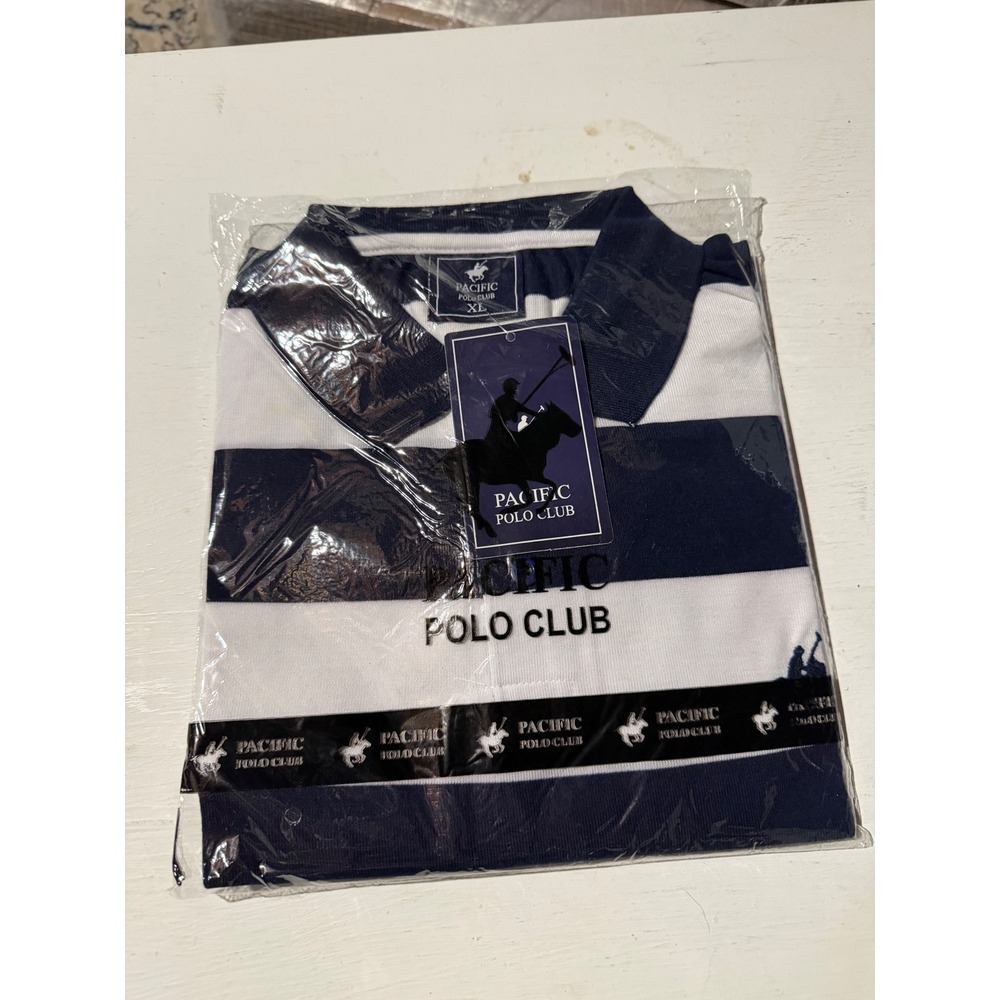 Pacific Polo Club Polo Shirt Mens XL Navy Blue White Striped Short Sleeve